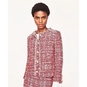 Zara Red Tweed Textured Weaved Blazer Jacket Pearl Size S